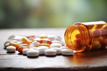 A close-up shot shows a variety of pills spilled out from an overturned prescription bottle on a table