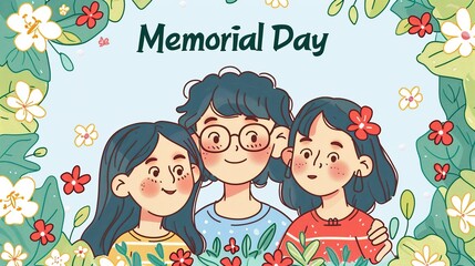 Memorial Day poster, Three smiling cartoon girls