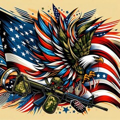 An eagle with a gun and us american flag celebrate us veterans day realistic used for printing harmony attractive.