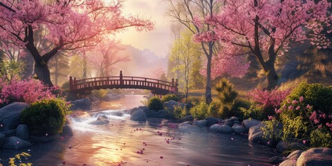 A serene Zen garden at sunrise, with a gently flowing stream, cherry blossoms in full bloom, and a quaint wooden bridge. Resplendent.