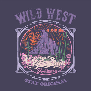 Hand drawn Desert mountain print artwork ,wild west desert graphic print, summer print design in vector , sunrise the desert , Cactus and flower artwork. Desert vibes vector graphic print design 