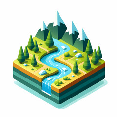 Alpine Meadows and Mountain Streams: Pure, Untouched Waters   Flat Design Icon Concept in Isometric Scene