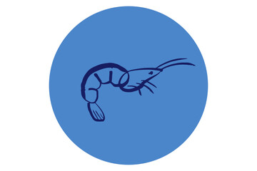 Shrimp in blue circle. Seafood simple vector icon. Hand drawn illustration. Ocean and sea delicacy symbol. Design for branding, restaurant logo and menu.