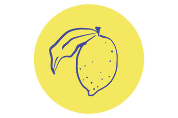 Illustration of a blue lemon with a leaf in a circular frame. Simple vector design for posters, stickers, and prints. 