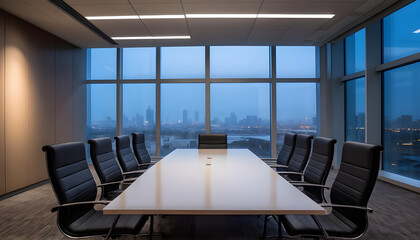 Empty Corporate Office Conference Meeting Room Interior Company Board Executive Professional Work Setting City Skyline Backdrop