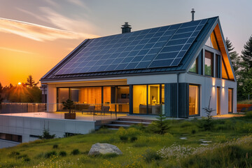 Fototapeta premium Modern house with solar panels is highlighted against a vibrant sunset, showcasing energy efficiency and sustainable living.