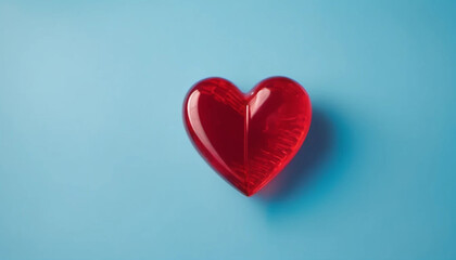 Fototapeta premium Red plastic heart on the blue background. 