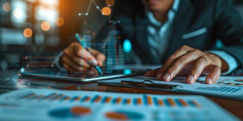 A businessman in a meeting, overlaid with financial charts and investment data, symbolizing business finance and budgeting