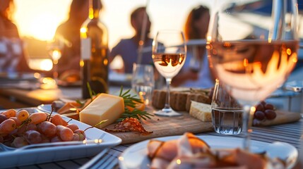 A group of individuals gathered around a table, enjoying wine and food together