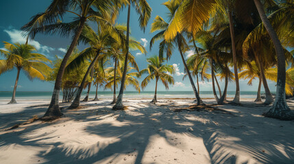 tropical beach scene, palm trees, blue sea, and white sand, travel agent, holiday, concept