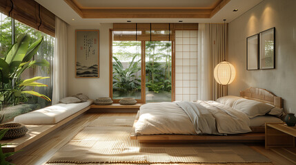 A serene bedroom showcases sustainable bamboo furniture and organic linens, bathed in natural light, fostering a tranquil atmosphere and promoting eco-friendly living.