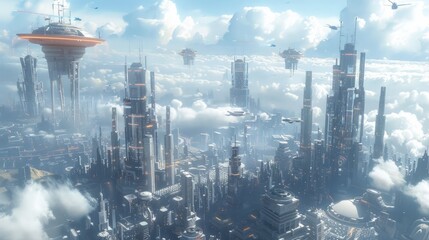 A futuristic city skyline featuring towering glass buildings, flying cars, and advanced technology, illustrating a utopian vision of the future 