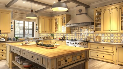 Fototapeta premium Sunny Farmhouse Kitchen with Handpainted Backsplash Echoing French Countryside