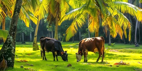 Two cows grazing peacefully in lush green field with tropical palm trees. Concept Nature, Animals, Farm Life, Peaceful Setting, Tropical Scene