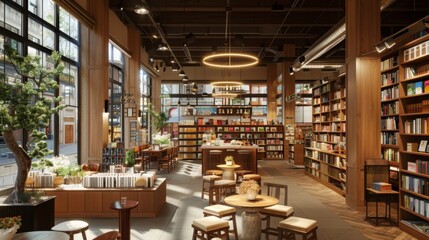 The interior of a bookstore filled with shelves lined with books of various genres, with customers browsing and reading.