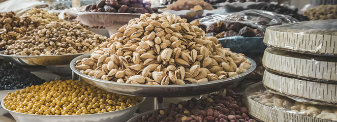 Oriental sweets and dried fruits at the Dushanbe bazaar in Tajikistan