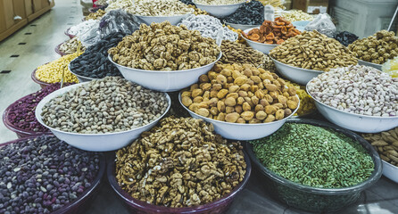 Oriental sweets and dried fruits at the Dushanbe bazaar in Tajikistan