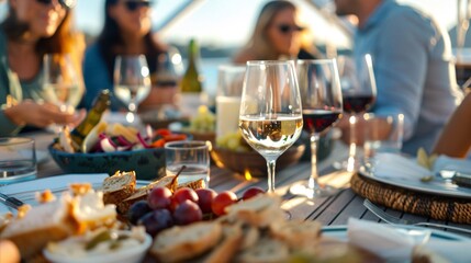 A group of individuals, men, women, and children, are dining together on a boat, surrounded by water