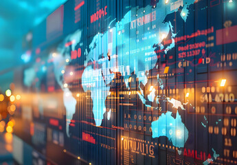 Develop a visual representation of the world map transformed into a dynamic trade grid, symbolizing...