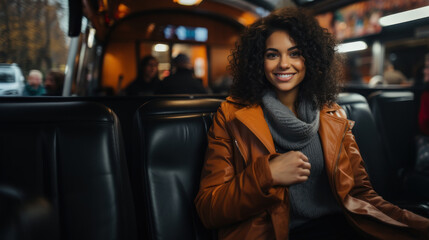 Smiling Woman Sitting Inside Bus Enjoying the Ride and Atmosphere