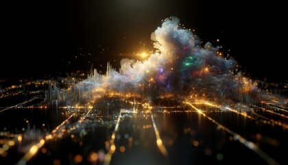 Fototapeta premium Digital neural network as a luminous, sprawling cityscape, highlighting the interaction of colorful data