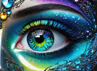 Close up of beautiful woman eye with multicolored makeup