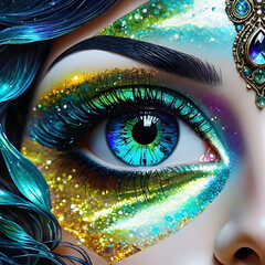 Close up of beautiful woman eye with multicolored makeup