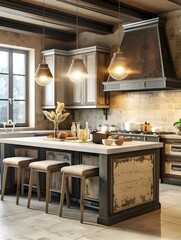 Eclectic VintageInspired Kitchen with Mismatched Cabinets and Industrial Hood