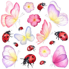Butterfly, ladybug, ladybird, insects. Watercolor illustration. Colorful blue butterfly clipart set. Baby shower design elements. Party invitation, birthday celebration. Spring, summer decoration, art