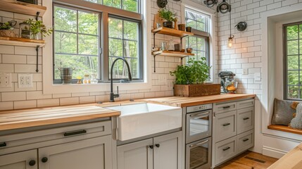Fototapeta premium A contemporary kitchen with open shelving, butcher block countertops, and a farmhouse sink