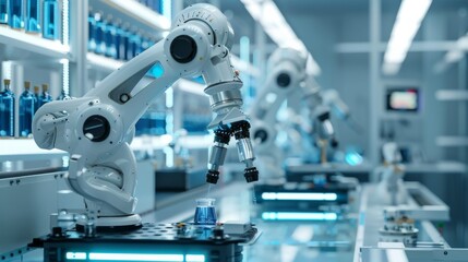 Advanced biotech lab with robotic arms performing automated experiments