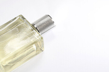 Luxury men`s perfume in bottle on white background, space for text