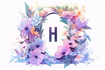 Floral Greeting Card with Letter H. Vector Illustration