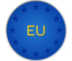 EU on circle round, blue Europe as european region color with yellow star font color and eep blue stars as icon symbol isolated 3d-illustration