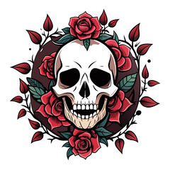 Vector illustration of a human skull surrounded by a mix of dark and pale roses with leaves, emphasizing a gothic aesthetic