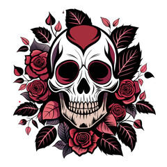 Vector illustration of a human skull surrounded by a mix of dark and pale roses with leaves, emphasizing a gothic aesthetic