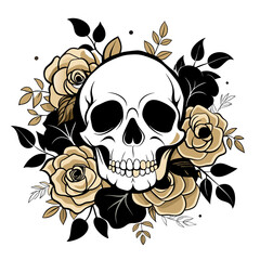 Vector illustration of a human skull surrounded by a mix of dark and pale roses with leaves, emphasizing a gothic aesthetic