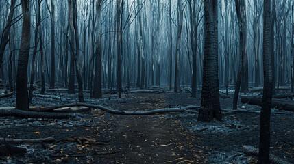 Charred forest, captured in the aftermath of a fire, blackened trees and ashen ground create a stark.