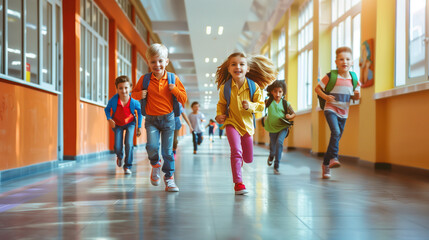 Group of Children Running Down a Hallway