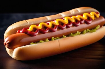Hot Dog sausage with ketchup and mustard on wooden table, close up, hot-dog unhealthy high-calorie food, dark background, fast food concept
