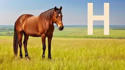 Horse in the meadow with letter H. Rural landscape.