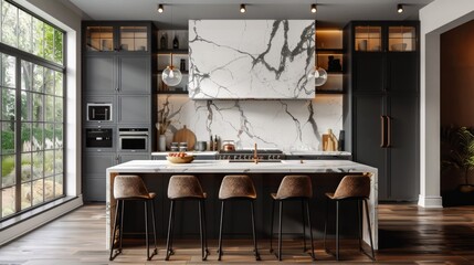 A spacious modern kitchen with a combination of dark and light cabinetry, marble countertops, and a large island