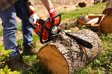 Man sawing wooden log on sunny day, closeup
