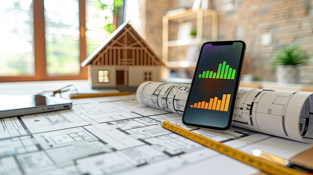 Energy efficiency screen on cellphone leaning on drawings and blueprints of a new house.Generative AI