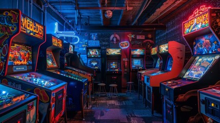 A vibrant retro arcade room filled with various classic arcade games, glowing neon lights, and colorful game screens, captured at night.