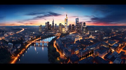 Golden Hour Cityscape .Sunset Panorama Over the River