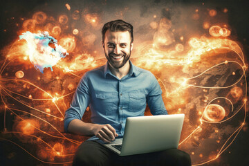 A man with a laptop sits amidst fiery chaos, focused on hacking into a computer network