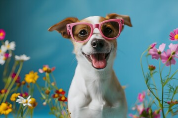 Happy white dog with pink sunglasses in colorful field of flowers on blue background. Cute pet portrait. Fun and vibrant image perfect for spring or summer themed projects. Generative AI