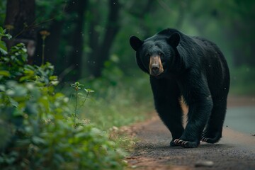 Majestic black bear sauntering down a serene forest path. Wildlife in natural habitat. Serene outdoor scene with wildlife. Generative AI