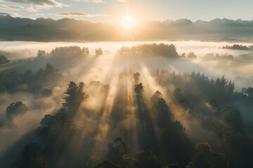 Aerial View of Misty Forest at Sunrise. Stunning Nature Scenery. Peaceful Morning Landscape. Environmental Background. Generative AI